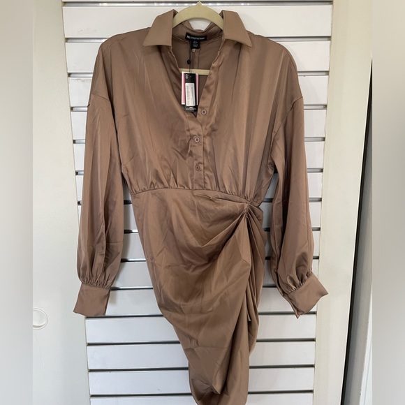 PRETTY LITTLE THING oversized Taupe Satin Drape Dress - Picture 3 of 6